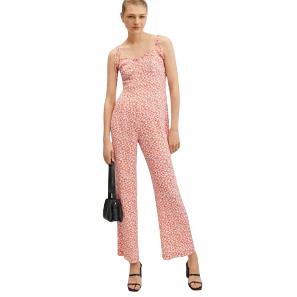 Mango MNG Orange Floral Jumpsuit Large Sweetheart Neckline Seamed Tie Flower
